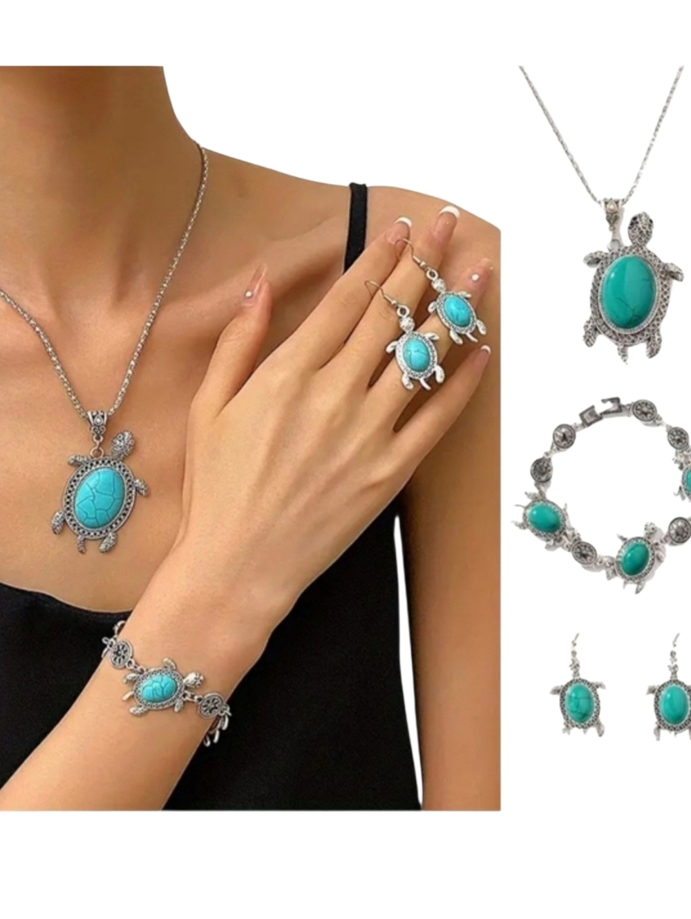 Set Of 4 Trendy Turquoise Turtle Pendant Necklace Earrings Bracelet Beach Boho